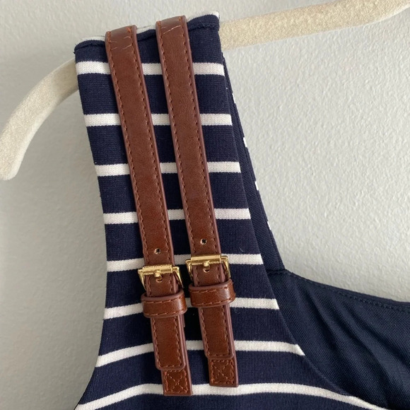 MICHAEL Kors  Coastal Navy White Striped Dress Leather Gold Buckles Small - Picture 9 of 15